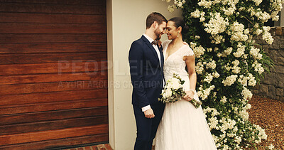 Buy stock photo Wedding, celebration and couple with hug outdoor for marriage ceremony, milestone and romance. Relationship, happy people and event by home with commitment, promise and union of love with partnership