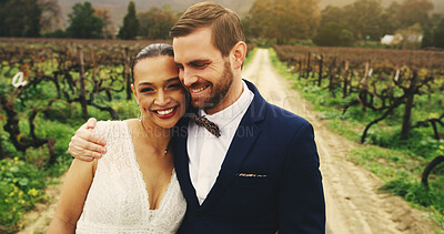 Buy stock photo Smile, couple and hug on wedding outdoor for celebration, ceremony and marriage commitment. Portrait, bride and groom with embrace for love, special moment and matrimony for tradition at vineyard