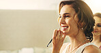 Makeup artist, hand and lipstick with bride on wedding day, getting ready or prepare for event. Happy, space and woman with touch up for marriage ceremony, brush to lips and cosmetics for elegance