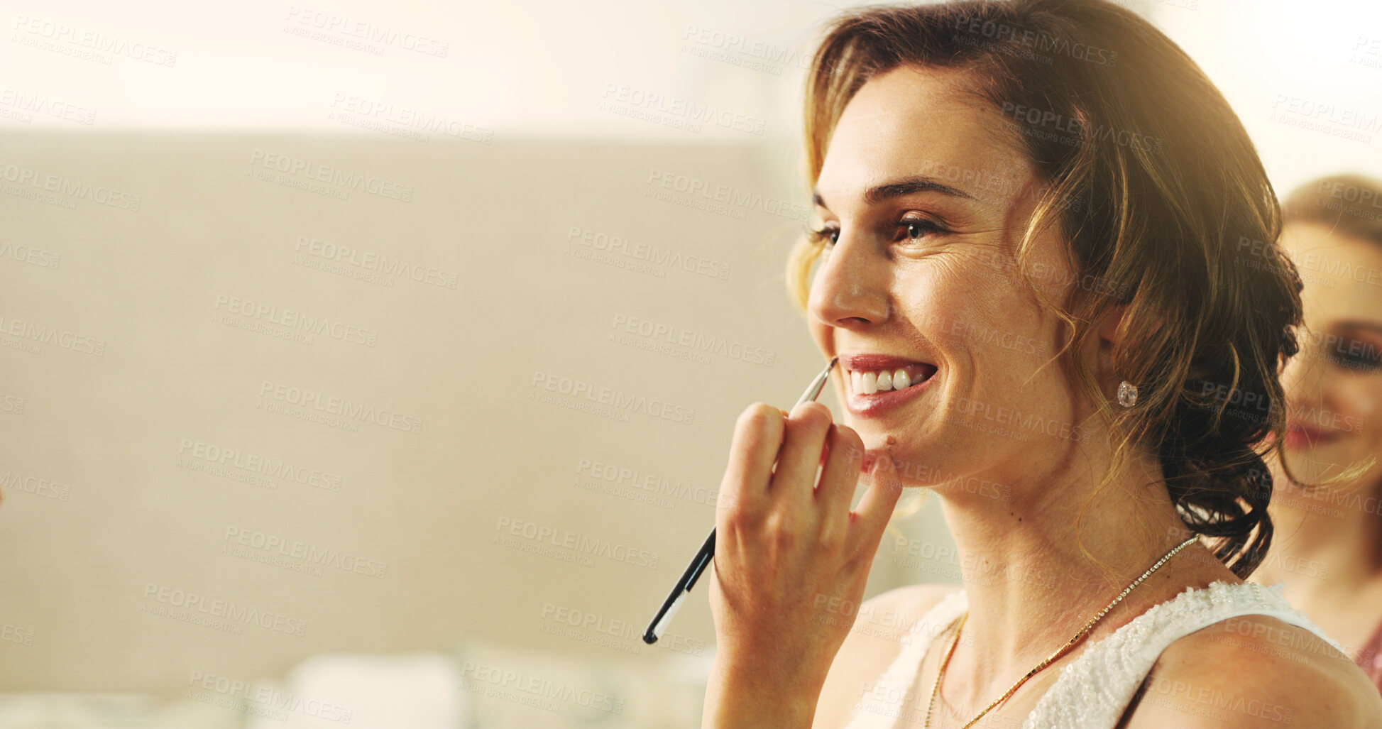 Buy stock photo Makeup artist, hand and lipstick with bride on wedding day, getting ready or prepare for event. Happy, space and woman with touch up for marriage ceremony, brush to lips and cosmetics for elegance