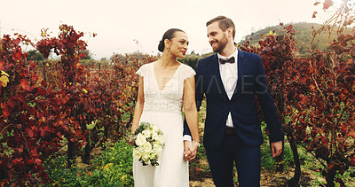 Buy stock photo Bride, groom and happy couple holding hands at vineyard for love, marriage or walk at event. Wedding, man and woman at winery outdoor with flowers for romantic commitment, care or celebration on farm