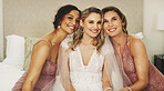 Bride, bridal party and portrait of women on wedding day with happiness, care and glamour on bed. Bridesmaids, hug and friends smile together for celebration, ceremony and support in dressing room