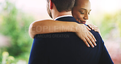 Buy stock photo Couple, wedding and smile with hug, love and outdoor for partnership, bonding and romance in nature. People, bride and groom with embrace, happy and marriage event with commitment in relationship