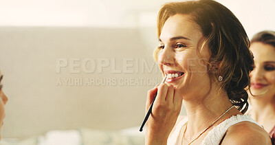 Buy stock photo Makeup artist, hand and lipstick with woman on wedding day, getting ready or prepare for event. Happy, space and bride with touch up for marriage ceremony, brush to lips and cosmetics for elegance