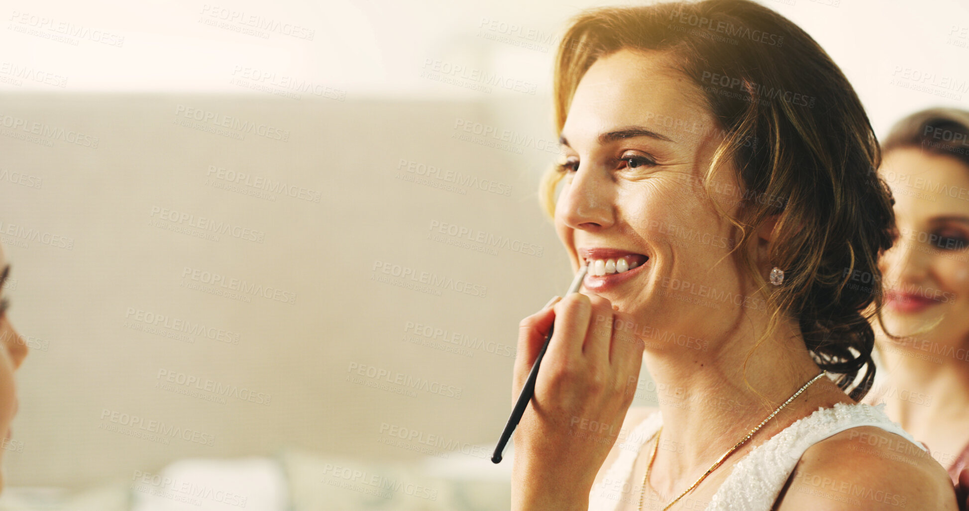 Buy stock photo Makeup artist, hand and lipstick with woman on wedding day, getting ready or prepare for event. Happy, space and bride with touch up for marriage ceremony, brush to lips and cosmetics for elegance