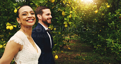 Buy stock photo Walking, couple and smile for wedding, outdoor or romance for newlyweds, man and bonding with woman. Nature, bride and love for groom, portrait and happy for marriage, care and people with commitment