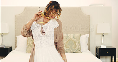 Buy stock photo Wedding dress, happy and woman in hotel room in morning with getting ready for romance event. Smile, beauty and female person with white bridal gown for marriage ceremony in luxury accommodation.