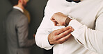 Wedding, hands and groom button shirt for getting ready, marriage ceremony or elegant style. People, man and dressing in home with formal fashion for celebration, special day or preparation for event