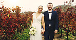 Holding hands, portrait and wedding with couple in vineyard together for celebration or event. Commitment, love and smile of married people outdoor on wine farm for ceremony, matrimony or milestone