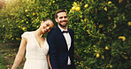 Wedding, portrait and couple with smile for outdoor, marriage event and celebration together. Partnership, commitment and trust of bride, groom and excited for romance and love in relationship