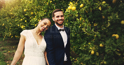 Buy stock photo Wedding, portrait and couple with smile for outdoor, marriage event and celebration together. Partnership, commitment and trust of bride, groom and excited for romance and love in relationship