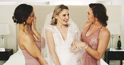Buy stock photo Bride, bridesmaid and women excited on wedding day with happiness, care and glamour in bedroom. Bridal party, hotel and friends smile together for celebration, ceremony and support in dressing room
