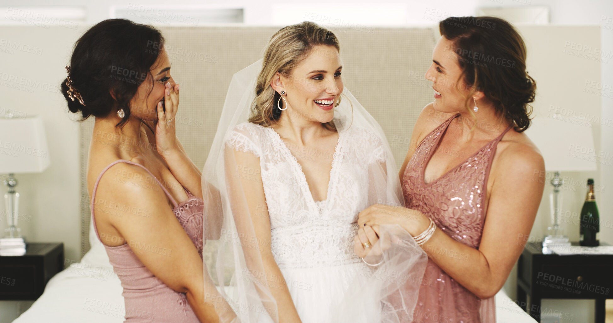 Buy stock photo Bride, bridesmaid and women excited on wedding day with happiness, care and glamour in bedroom. Bridal party, hotel and friends smile together for celebration, ceremony and support in dressing room