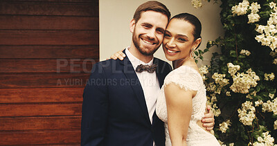 Buy stock photo Portrait, bride and groom hug with happy couple for love, care or support for marriage by home. Matrimony, man and woman embrace for wedding, commitment or loyalty to soulmate in relationship outdoor