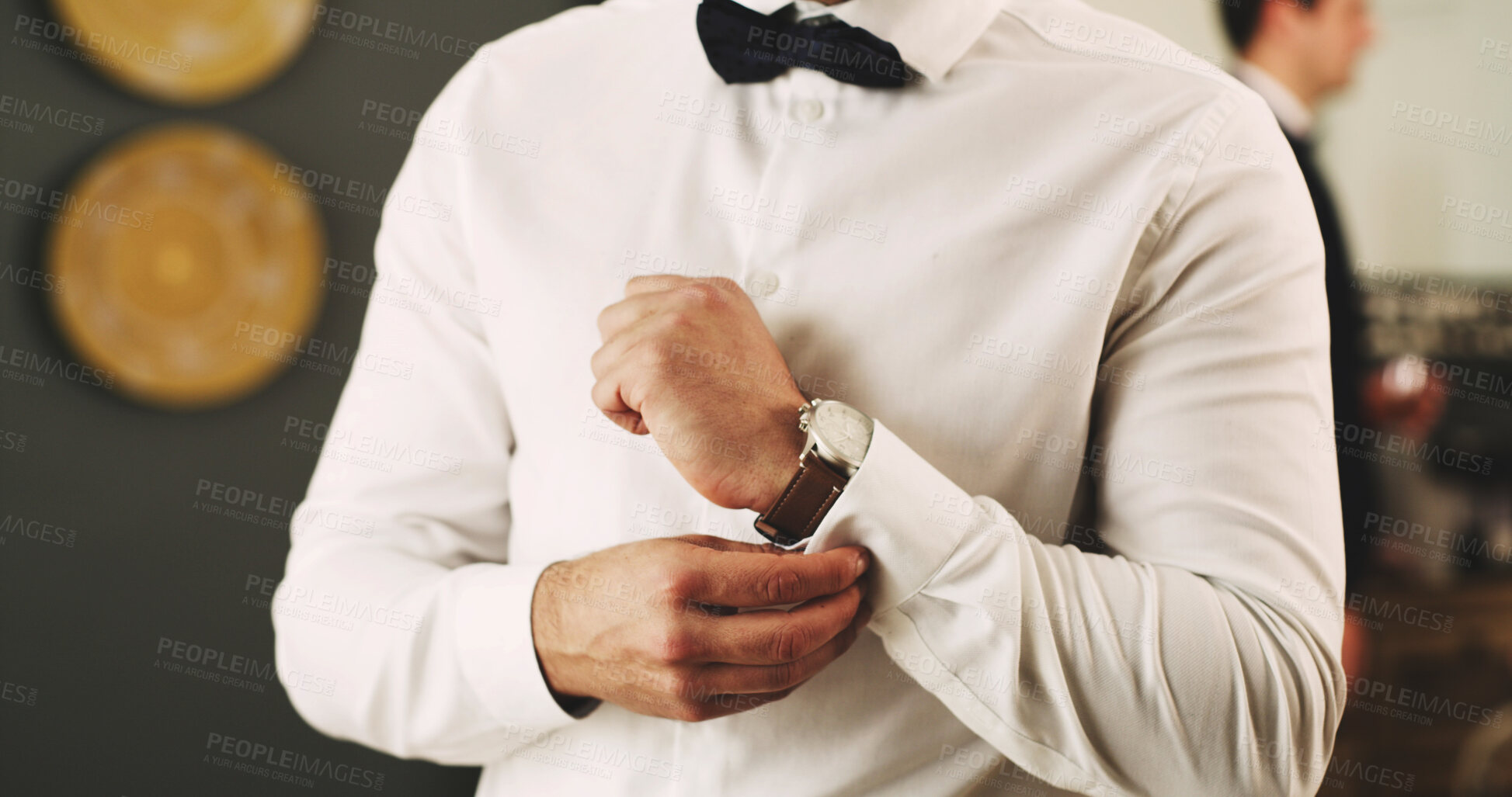 Buy stock photo Wedding, hands and groom button shirt for getting ready, marriage ceremony or elegant style. People, man and dressing in home with formal fashion for celebration, special day or preparation for event