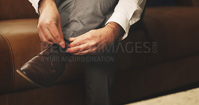 Buy stock photo Man, hands and tying shoes with laces for morning preparation or getting ready for work at home. Closeup, male person or groom foot with formal fashion, leather or tie for business or style at house