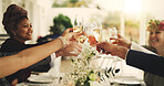 Happy people, hands and cheers with champagne at table for wedding celebration or get together. Group, family and toast with glasses, drink or alcohol for fancy event, marriage dinner or connection