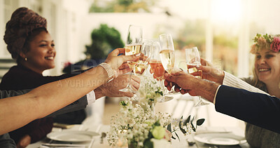Buy stock photo Happy people, hands and cheers with champagne at table for wedding celebration or get together. Group, family and toast with glasses, drink or alcohol for fancy event, marriage dinner or connection