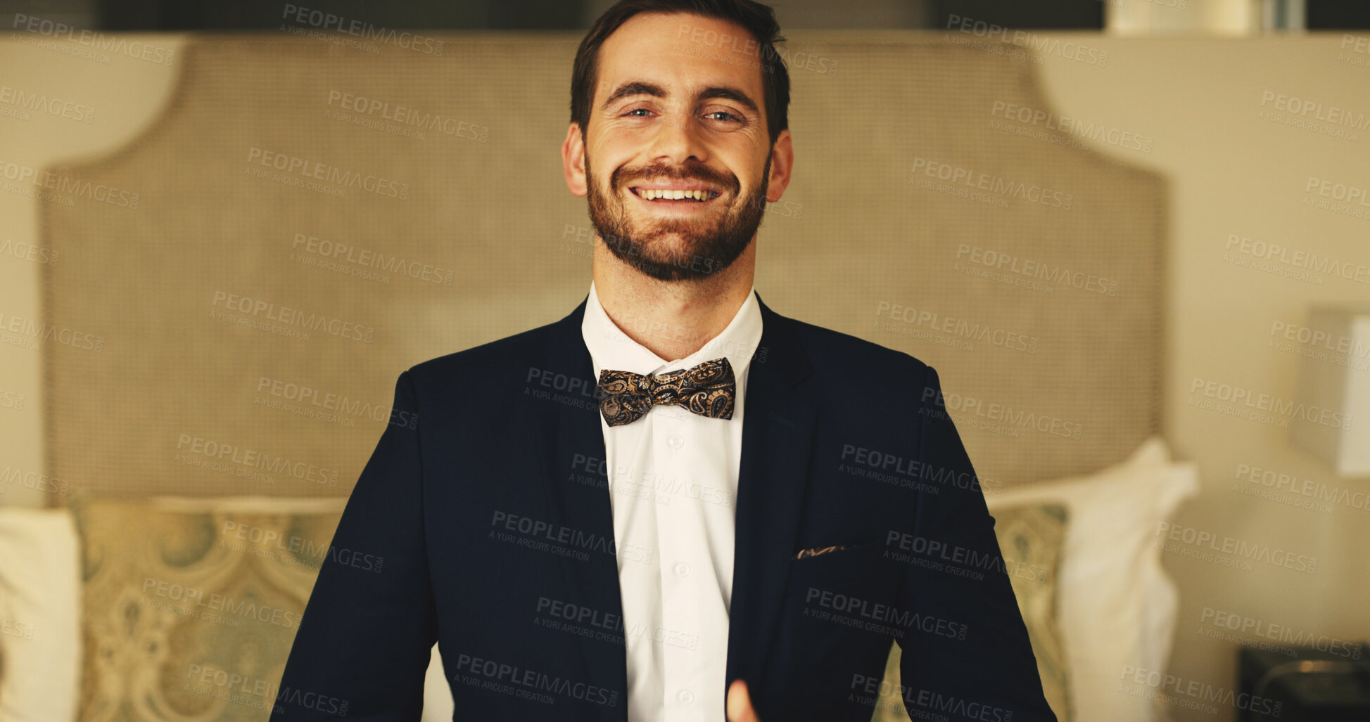 Buy stock photo Portrait, smile and man in suit for wedding day, groom with happiness for marriage or formal ceremony. Tuxedo, bow tie and traditional outfit for commitment, confident with pride and ready for event