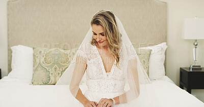 Buy stock photo Woman, dress and waiting in bedroom for wedding day, lace or bridal fashion with marriage or formal ceremony. Elegant, veil with traditional outfit and ready for commitment, bride and smile in house
