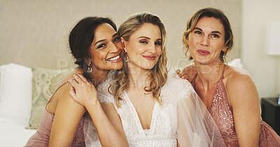 Buy stock photo Bride, bridesmaid and portrait of women on wedding day with happiness, care and glamour on bed. Bridal party, hug and friends smile together for celebration, ceremony and support in dressing room