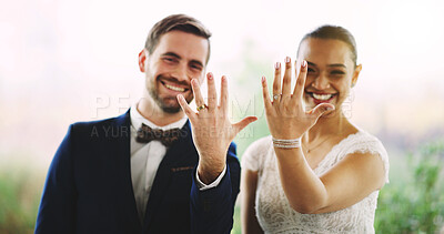 Buy stock photo Happy couple, portrait or marriage with wedding ring for commitment or love partnership in nature. Married man, woman or bride and groom with smile or jewelry for official celebration together