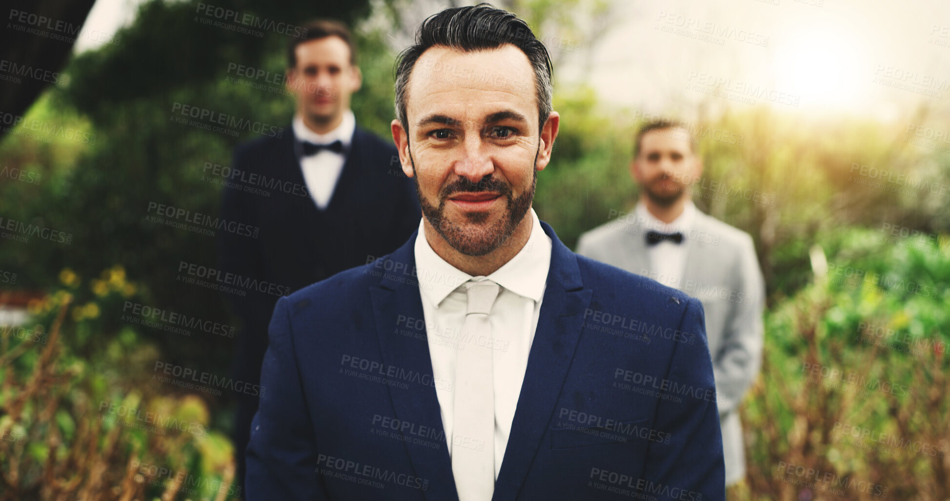 Buy stock photo Wedding, groom and portrait of man in nature for marriage ceremony, celebration and reception. Save the date event, happiness and commitment with person outdoor for tradition, love and groomsmen