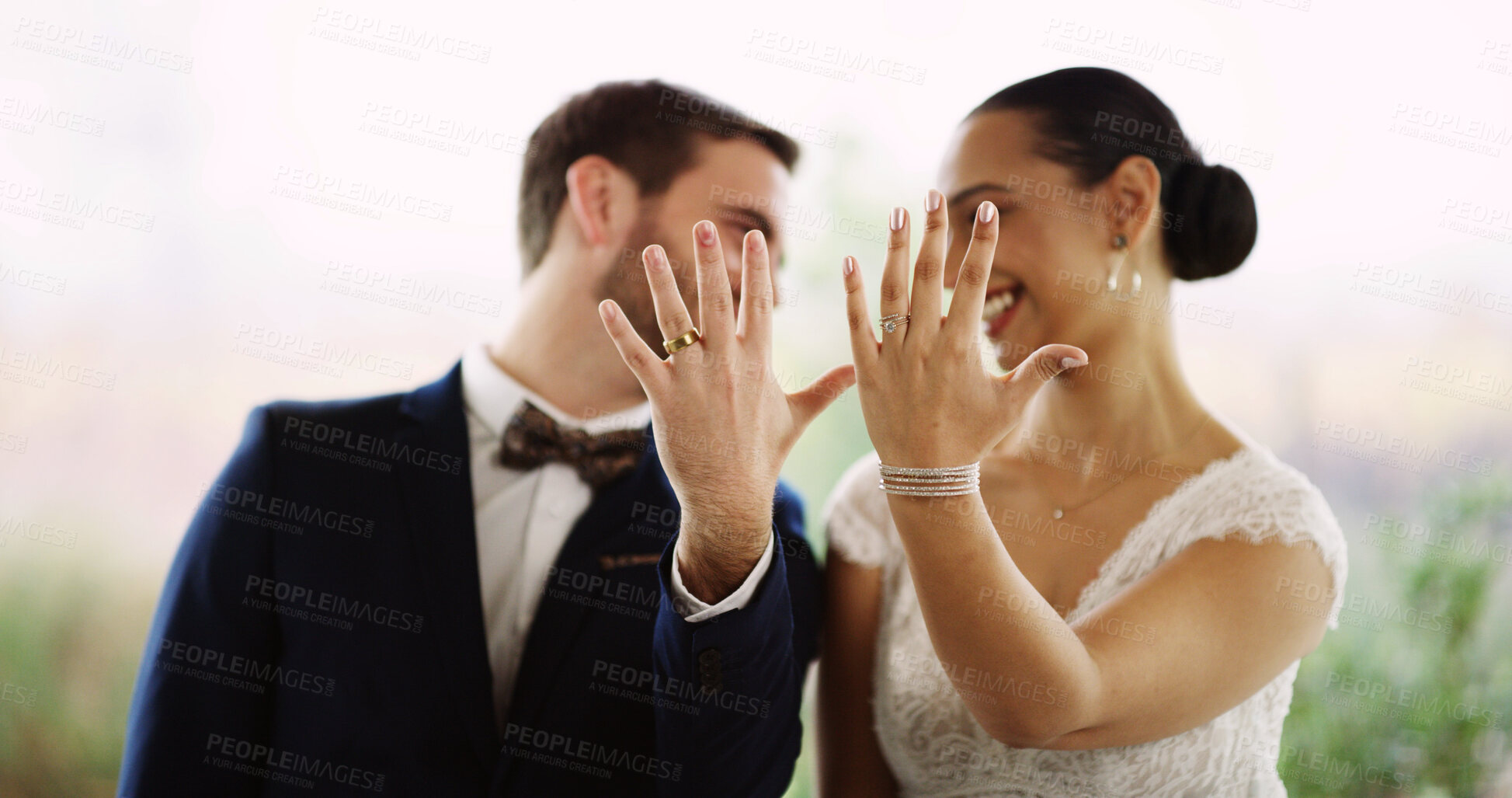 Buy stock photo Hands, rings and couple at wedding with love, connection or  relationship commitment together. Happy, loyalty and groom with bride at marriage ceremony with jewelry for partnership, trust or vow.