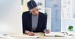 Office, businesswoman and computer with notebook for writing, information and reminder for article. Career, female person and copywriter with journal for to do list, research and angle tips for news