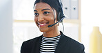 Call center, happy woman and computer with headset for customer service, crm support and talking. Office, female person and business consultant with digital for discussion, sales information and faq