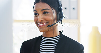 Buy stock photo Call center, happy woman and computer with headset for customer service, CRM and talking. Office, female person and business consultant with digital for discussion, sales information and FAQ