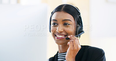 Buy stock photo Call center, happy woman and computer with headset for talking, lead generation or customer service. Office, female person or business consultant with digital for discussion, sales information or FAQ