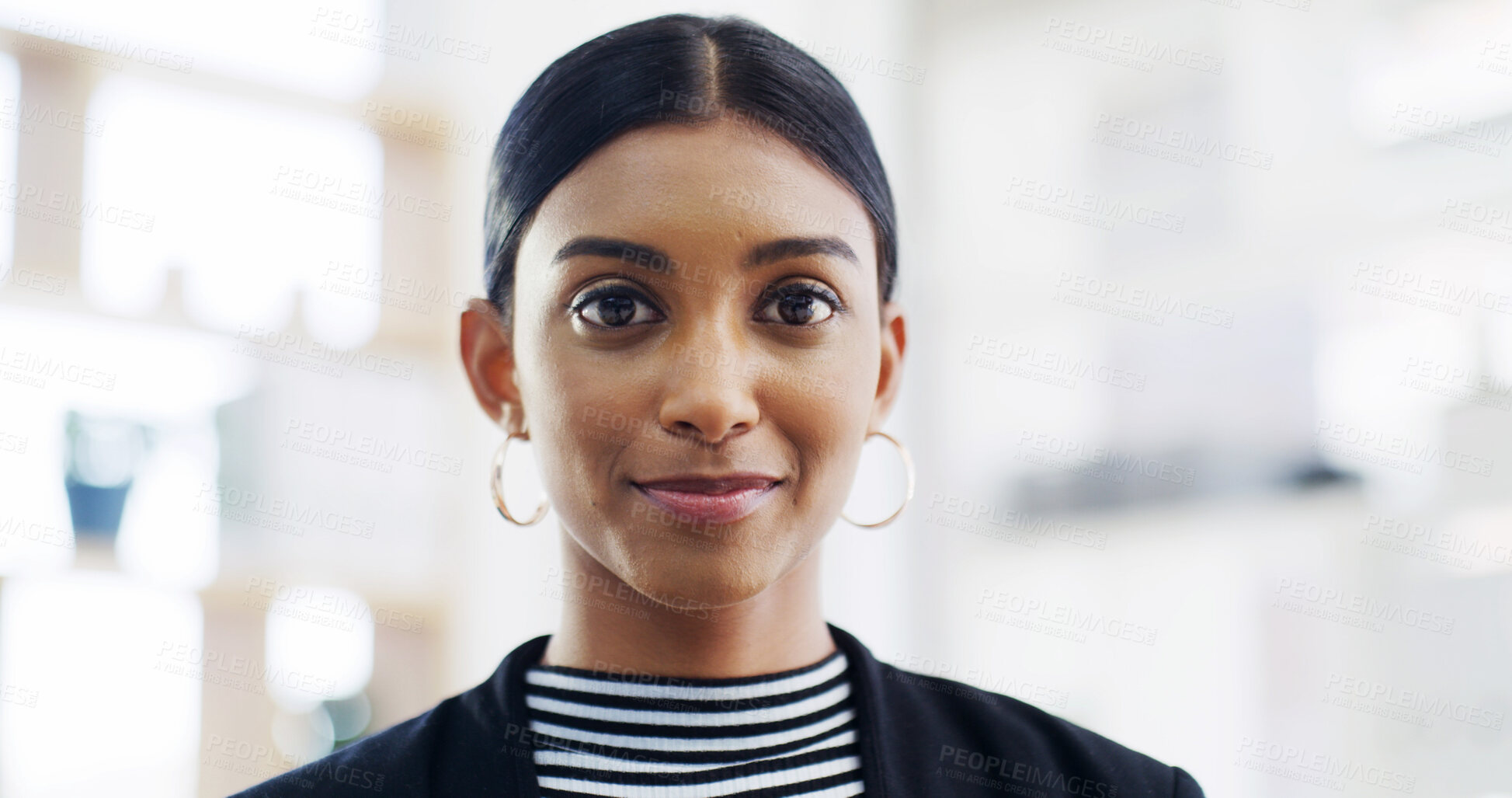 Buy stock photo Portrait, paralegal and woman with smile, office and first day in law firm, confident and corporate. Happy, legal assistant and female person with ambition for career growth, intern or pride in India