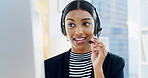 Talking, Indian woman and computer with headset for call center, crm support and customer service. Office, female person and business consultant with digital for discussion, sales information and faq