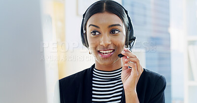 Buy stock photo Talking, Indian woman and computer with headset for call center, CRM support and customer service. Office, female person and business consultant with digital for discussion, sales information and FAQ