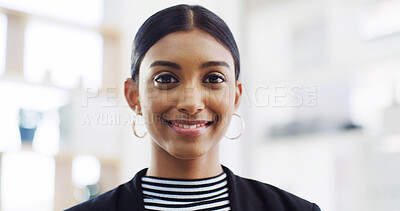 Buy stock photo Portrait, confident and woman with smile, office and first day in law firm, paralegal and corporate. Happy, legal assistant and Indian person with ambition for career growth, intern or pride in India