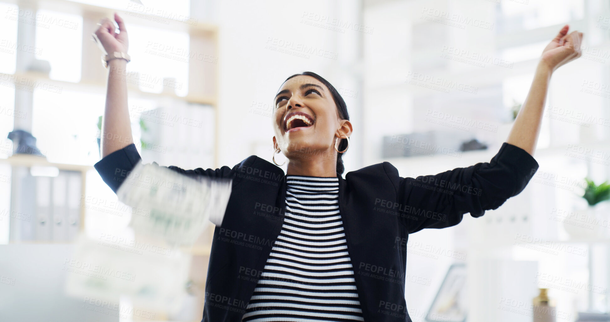 Buy stock photo Woman, money rain and excited for goal at office for bonus, profit or salary increase at finance agency. Person, accountant and winner with dollar bills, success or celebration with cash at company