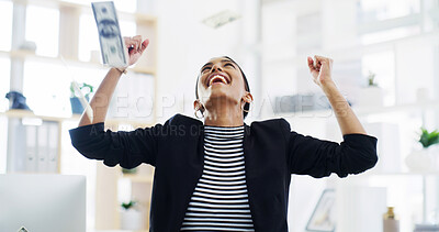 Buy stock photo Woman, money rain and celebration for goal at office for bonus, profit and salary increase at finance agency. Person, accountant and winner with dollar bills, success or excited with cash at company