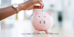 Hand, piggy bank and coin for saving, money and financial growth for wealth expansion in office. Person, container or animal jar with cash security, budget and investment for funding at workplace