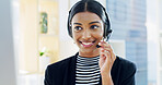 Smile, Indian woman and computer with headset for call center, crm support and customer service. Office, female person and business consultant with digital for discussion, sales information and faq