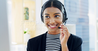 Buy stock photo Smile, Indian woman and computer with headset for call center, CRM support and customer service. Office, female person and business consultant with technology for discussion, information and FAQ help