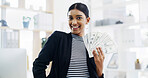 Woman, cash and smile in portrait at office for bonus, success or salary increase at finance agency. Person, accountant and happy with dollar bills, money and profit with goals at company in Colombia