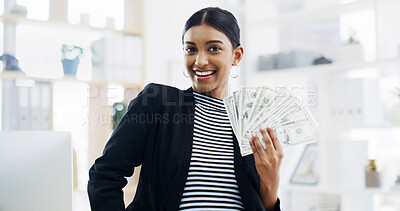 Buy stock photo Woman, cash and smile in portrait at office for bonus, success or salary increase at finance agency. Person, accountant and happy with dollar bills, money and profit with goals at company in Colombia