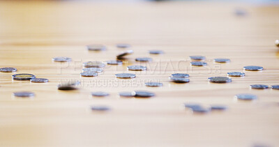 Buy stock photo Economy, money and coins on table for investment, interest and finance growth in closeup. Accounting, cash and currency on desk for financial profit, insurance and wealth for savings with change