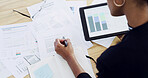 Hands, documents and audit on tablet for finance, report or graph for profit, data or debt in office. Person, accountant and digital touchscreen with paperwork, review and app for charts at agency