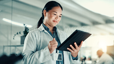 Buy stock photo Scientist, woman and happy with tablet at lab for progress report, review and scroll for medical research. Person, smile and digital touchscreen with application for results for pharmaceutical study