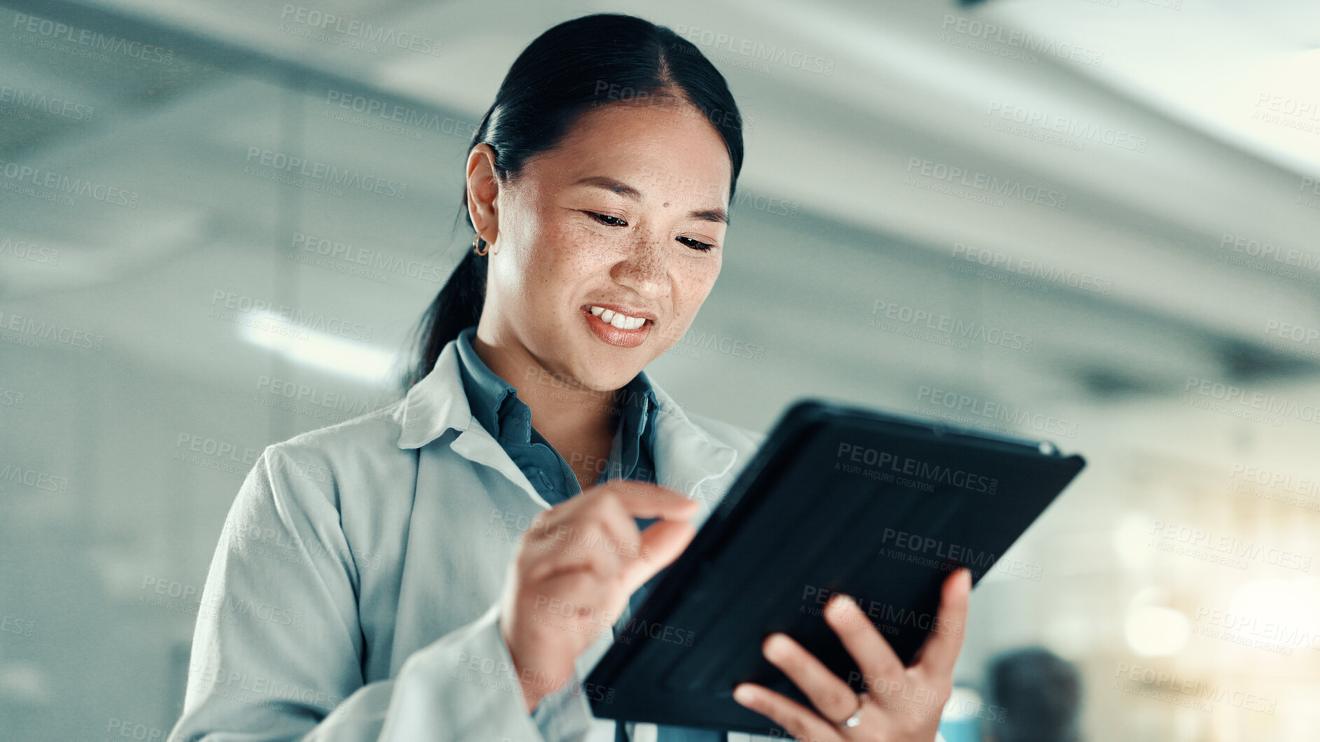 Buy stock photo Scientist, woman and tablet with smile at lab for progress report, review and scroll for medical research. Person, happy and digital touchscreen with application for results for pharmaceutical study