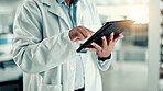Hands, person and scientist on tablet in lab for medical research, gene function and experiment. Typing, digital and gmo editing of cell study, review report and virus information for vaccine results