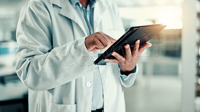 Buy stock photo Hands, person and scientist on tablet in lab for medical research, gene function and experiment. Typing, digital and gmo editing of cell study, review report and virus information for vaccine results