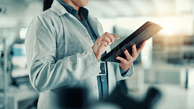 Buy stock photo Hands, woman and scientist on tablet in lab for medical research, gene function and experiment. Person, digital and gmo editing for cell study, review report and virus information for vaccine results
